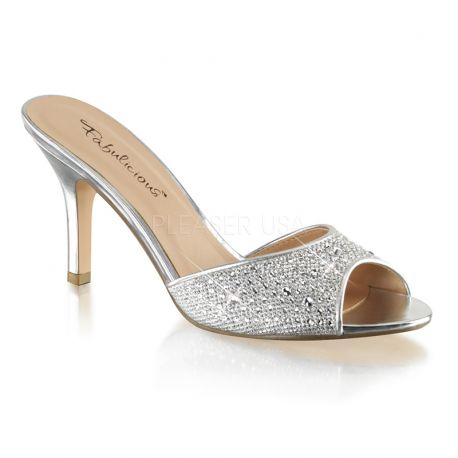 Chaussures à strass mules argentées talon bas