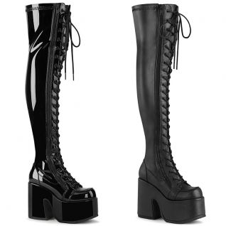 Bottes gothiques hautes à plateforme Demonia Cult Camel-300 noires vernies/mates, style rock et ogival