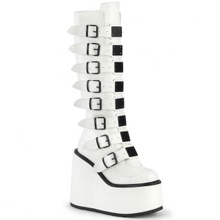 Bottes plateformes blanches vernies Demonia Cult Swing-815 à multiples boucles, style gothique et punk