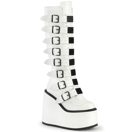 Bottes plateformes blanches vernies Demonia Cult Swing-815 à multiples boucles, style gothique et punk