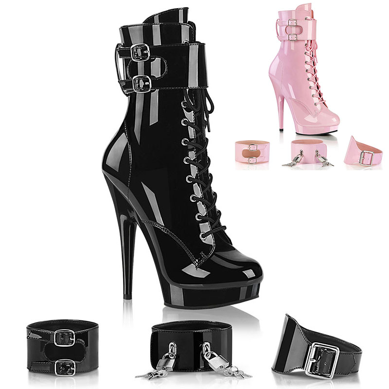 Bottines larges lanières noires ou roses - Pointure : 46 - Couleur : Noir vernis - Fabulicious - Modalova