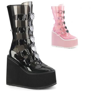 Chaussures gothiques femme avec lacets cœur, semelle compensée et matière transparente (noir et rose)