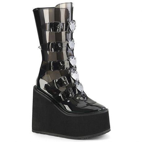 Chaussures gothiques femme avec lacets cœur, semelle compensée et matière transparente (noir et rose)