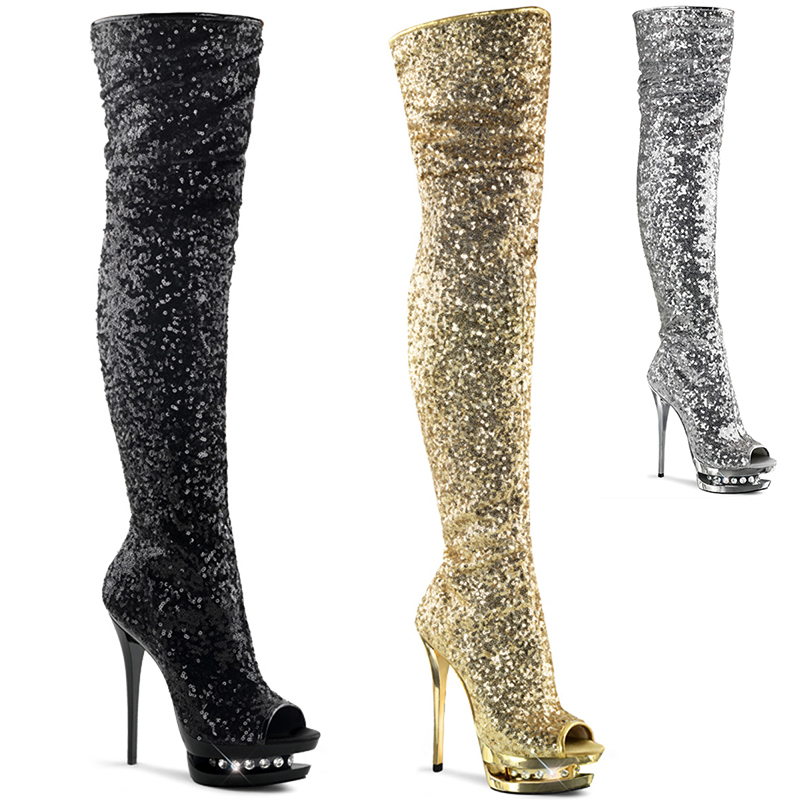 Cuissardes paillettes bout ouvert double plateforme BLONDIE - Pointure : 41 - Couleur : Argent - Pleaser - Modalova