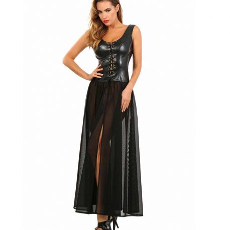 Robe tulle et simili longue couleur noire