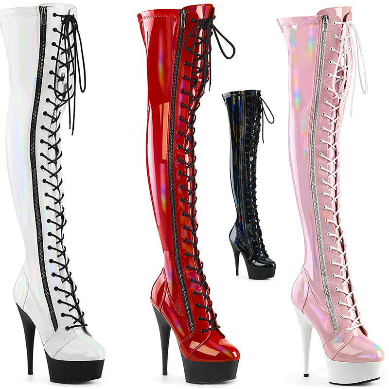 Botte cuissardes hologramme à lacet - Pointure : 44 - Couleur : Blanc - Pleaser - Modalova