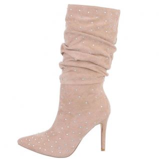 Bottes mi-mollet strass beige