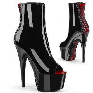 Bottines vernies noires Pleaser avec talon haut et plateforme, vue d'ensemble.