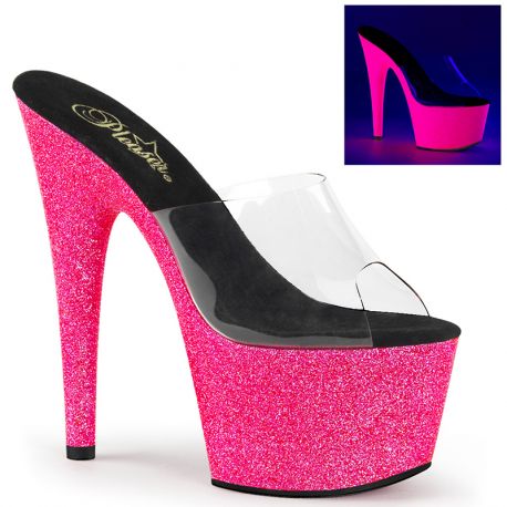 Mules fluorescentes roses et transparentes talon haut