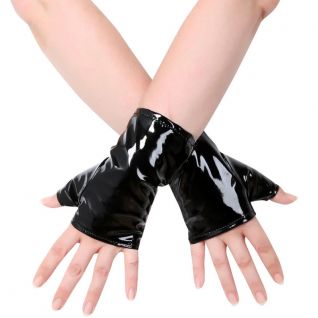 Gants courts en vinyle noir - Accessoire fétiche pour un look rock et audacieux.