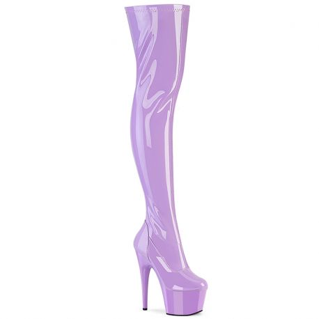 Bottes cuissardes en vinyle, disponibles en violet et lilas, avec un talon vertigineux