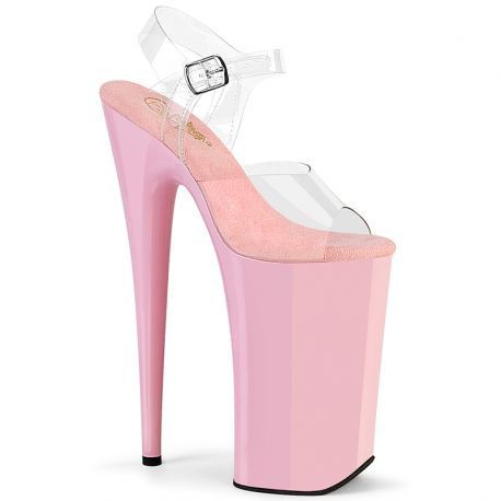Sandales Pleaser Beyond-008 rose et transparentes avec talons hauts de 25cm et plateforme de 16cm pour un look sexy et glamour