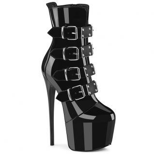 Bottines noires vernies à boucles Pleaser JUBILANT-1023, talons hauts vertigineux et plateforme imposante