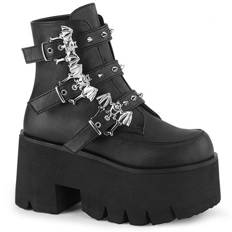 Botteine plateforme gothique Demonia Ashes 55 noires en cuir vegan avec boucles et clous argentés