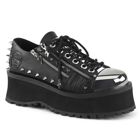 Chaussures gothiques mixtes Demonia Cult Gravedigger-04 noires en cuir végan avec plateforme de 7 cm, clous, tête de mort et dét