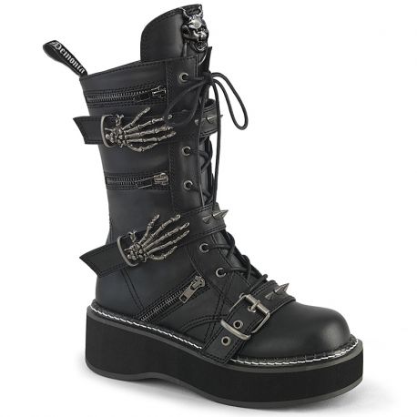 Bottes gothiques noires Demonia Cult Emily-82 en cuir vegan avec plateforme et détails squelette
