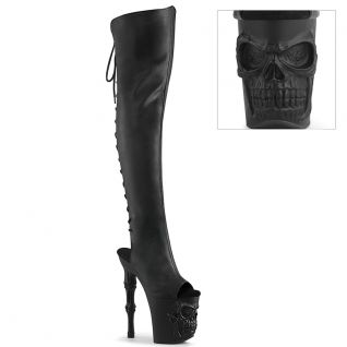 Bottes gothiques cuissardes noires à talons hauts 20cm, motifs tête d