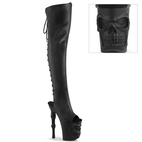 Bottes gothiques cuissardes noires à talons hauts 20cm, motifs tête d