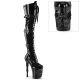 Bottes gothiques cuissardes noires vernies à talons hauts 20cm et plateformes 10cm, ornées de lacets, boucles, sangles