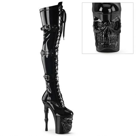 Bottes gothiques cuissardes noires vernies à talons hauts 20cm et plateformes 10cm, ornées de lacets, boucles, sangles