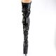 Bottes gothiques cuissardes noires vernies à talons hauts 20cm et plateformes 10cm, ornées de lacets, boucles, sangles