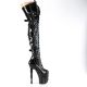Bottes gothiques cuissardes noires vernies à talons hauts 20cm et plateformes 10cm, ornées de lacets, boucles, sangles