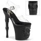 Sandales gothiques noires à talons hauts 20cm et plateformes 10cm, ornées de brides transparentes, boucles, rivets et motif