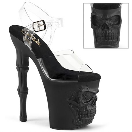 Sandales gothiques noires à talons hauts 20cm et plateformes 10cm, ornées de brides transparentes, boucles, rivets et motif