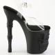 Sandales gothiques noires à talons hauts 20cm et plateformes 10cm, ornées de brides transparentes, boucles, rivets et motif