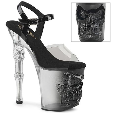 Sandales gothiques noires fumées à talons hauts 20cm et plateformes 10cm, ornées de brides transparentes fumées