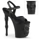 Sandales gothiques noires à talons hauts 20cm et plateformes 10cm, ornées de brides, boucles et motifs