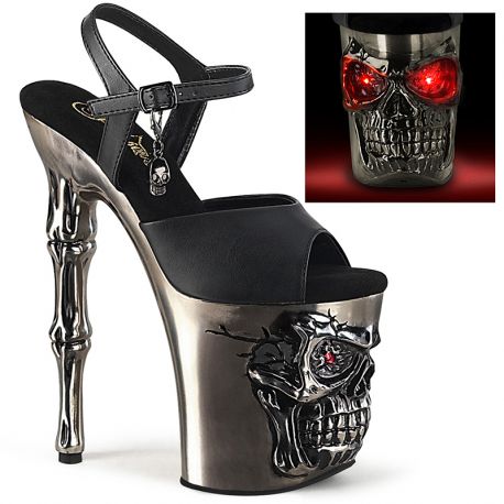 Sandales gothiques argentées plateforme talon haut tête de mort LED Pleaser Rapture-809-LT