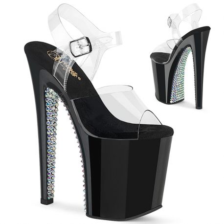 Sandales plateforme Pleaser talon haut strass noir.