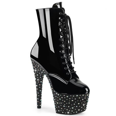 Chaussures Pole Dance Pleaser noires vernies talon haut strass.