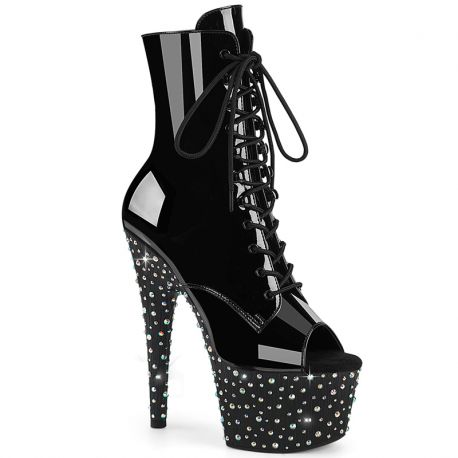 Bottines Pleaser vernies noires talon 18cm plateforme avant.