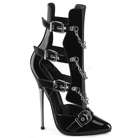 Escarpins noirs vernis, talon 16 cm, chaînes décoratives sexy.