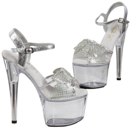 Sandales haut talon argentées 17cm avec strass papillon.