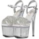 Sandales séductrices argentées talon haut strass papillon.
