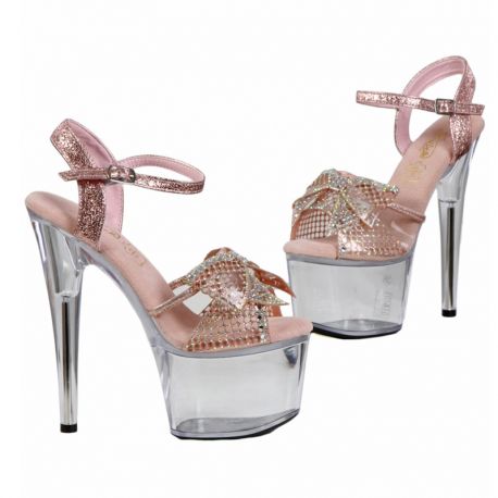 Sandales haut talon roses 17cm avec strass papillon.