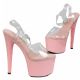 Sandales haut talon roses avec brides transparentes.