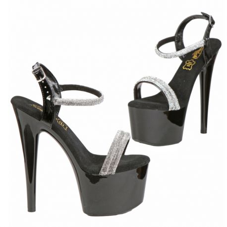 Sandales haut talon noires avec brides à strass.