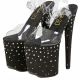 Sandales séductrices noires talon haut bride transparente.