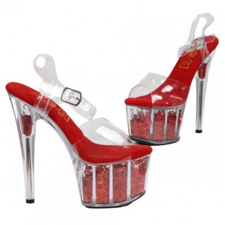 Chaussures de soirée transparentes talon rouge pailleté.