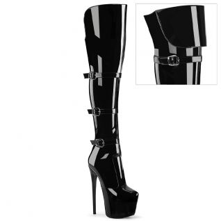 Cuissardes plateforme vernis noir brides Pleaser Jubilant style fétiche BDSM extrême dominant.