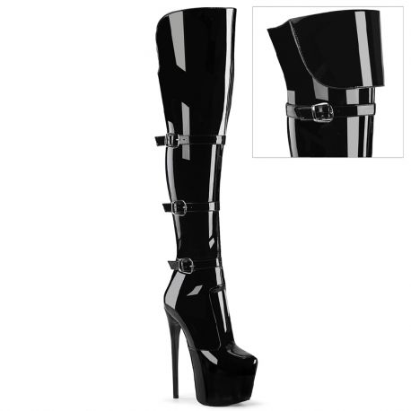 Cuissardes plateforme vernis noir brides Pleaser Jubilant style fétiche BDSM extrême dominant.
