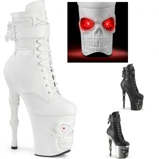 Bottines plateforme tête de mort LED Pleaser Rapture style gothique spectacle extrême.