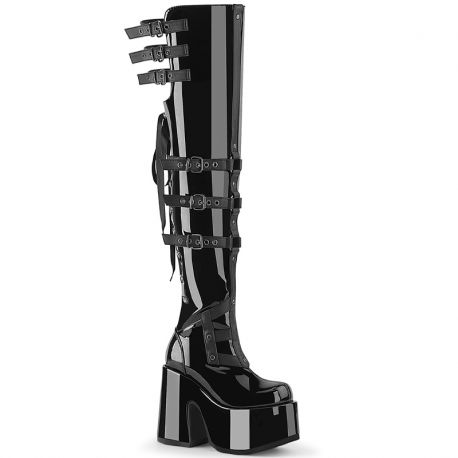 Bottes cuissardes noires vernies CAMEL-308 avec laçage et talons épais.