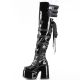 Bottes cuissardes noires vernies CAMEL-308 avec laçage et talons épais.