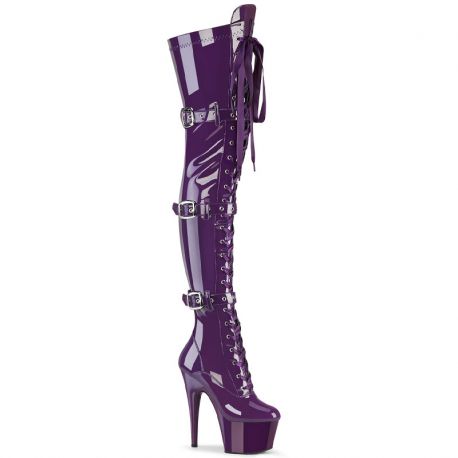 Botte Cuissarde Pleaser ADORE-3028 Violet Vernis, talon 178mm lacets ruban et triple boucles.