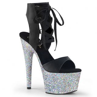 Sandale Pleaser ADORE-700-14LG bride noire, talon 178mm et plateforme 7 cm recouverts de strass argentés.